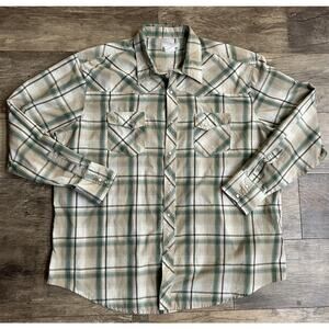 Wrangler Men XL Pearl Snap Wrancher Shirt Tan Beige Green Western Cowboy Rodeo